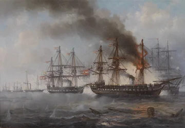 La battaglia navale di Helgoland 1864 (la fregata austriaca Schwarzenberg in fiamme, dietro la fregata Radetzky)
